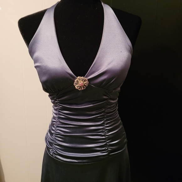 Satin silk vintage pinup style burlesque dress grey blue - Picture 3 of 5